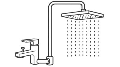Sanitärplanung für moderne Wassertechnik Icon mit modernem Wasserhahn und Regenduschkopf als Symbol für Sanitärplanung, Trinkwasser und Abwassertechnik
