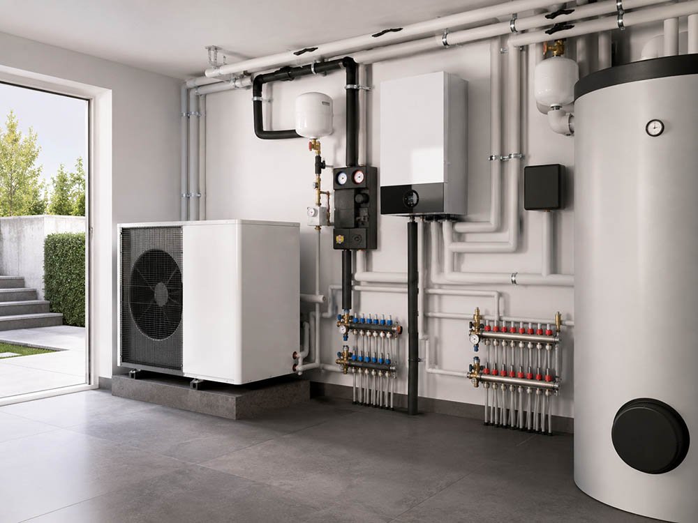 Moderne Heiztechnik mit Wärmepumpe und Rohrsystem Moderner Technikraum mit Wärmepumpe, Heizungsanlage, Rohrleitungen und Warmwasserspeicher für effiziente Heizungsplanung