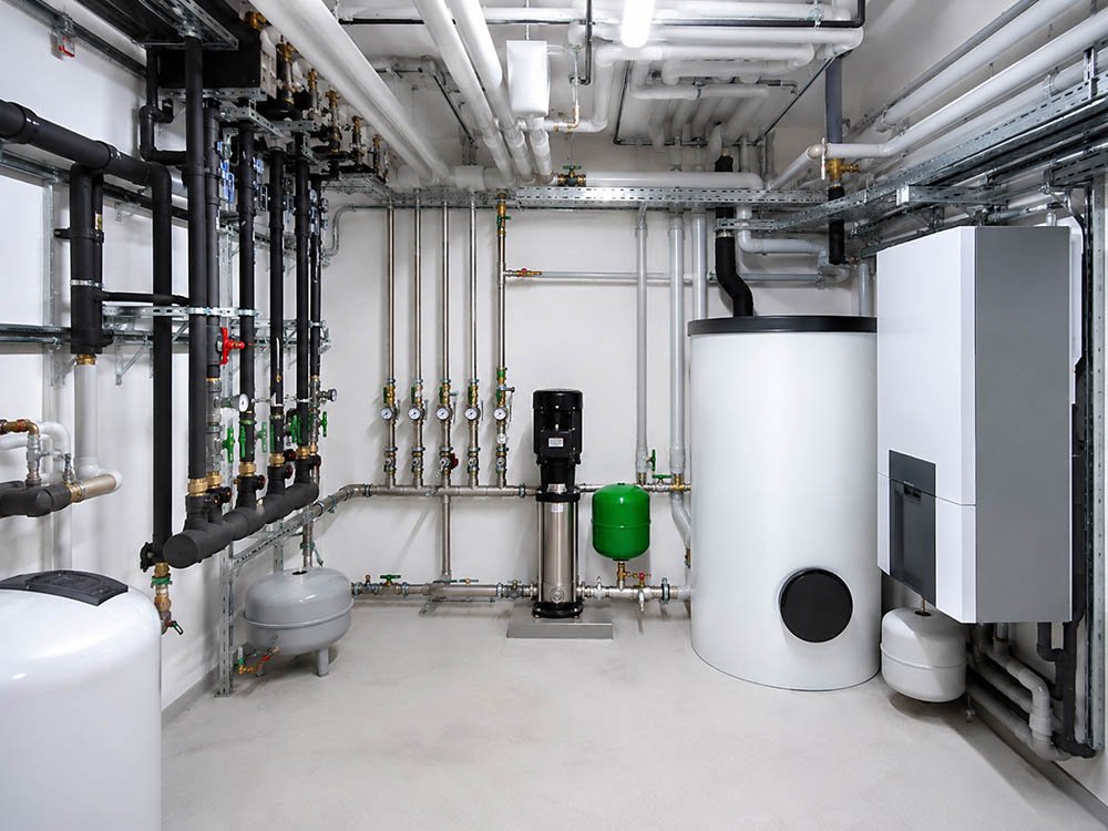 Sanitärtechnik mit Rohrleitungen und Speicheranlage Technikraum mit Rohrleitungen, Warmwasserspeicher und Sanitäranlage als Beispiel für professionelle Sanitärplanung