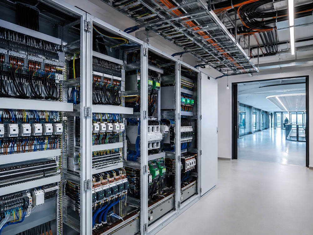 Elektroplanung mit Schaltschrank und Kabeltrassen Offene Schaltschränke mit Verkabelung und Kabeltrassen in einem Gebäude als Beispiel für Elektroplanung und Gebäudetechnik